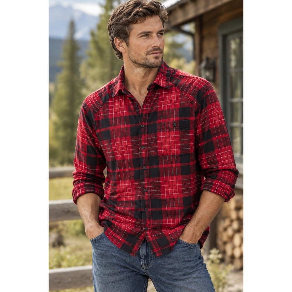 Levis Mens Red Black Plaid Flannel Button Down Shirt Standard Fit Raglan -Size S